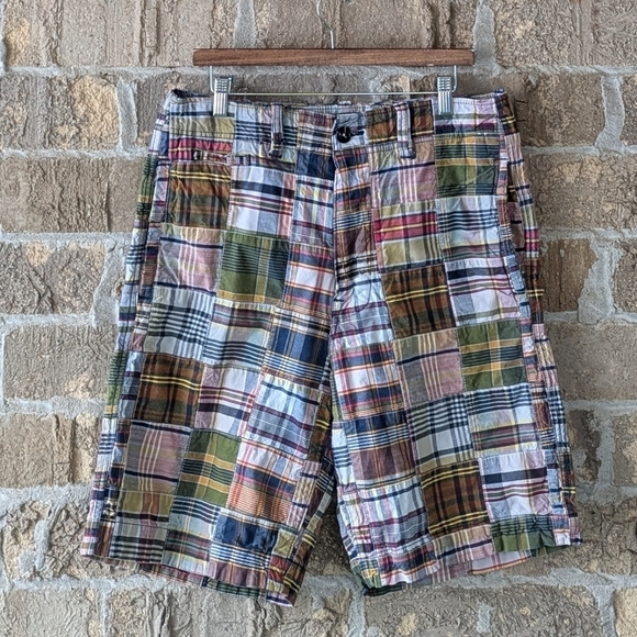 VTG Y2K AEO Madras Plaid Patchwork Shorts Flat Front Size 34 - Picture 10 of 10